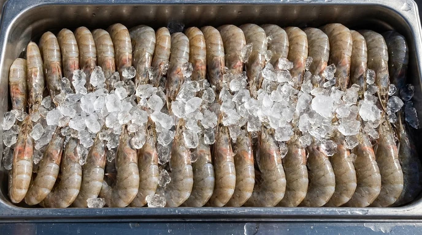 Fresh raw shrimp on ice at a Los Angeles seafood counter, overhead view