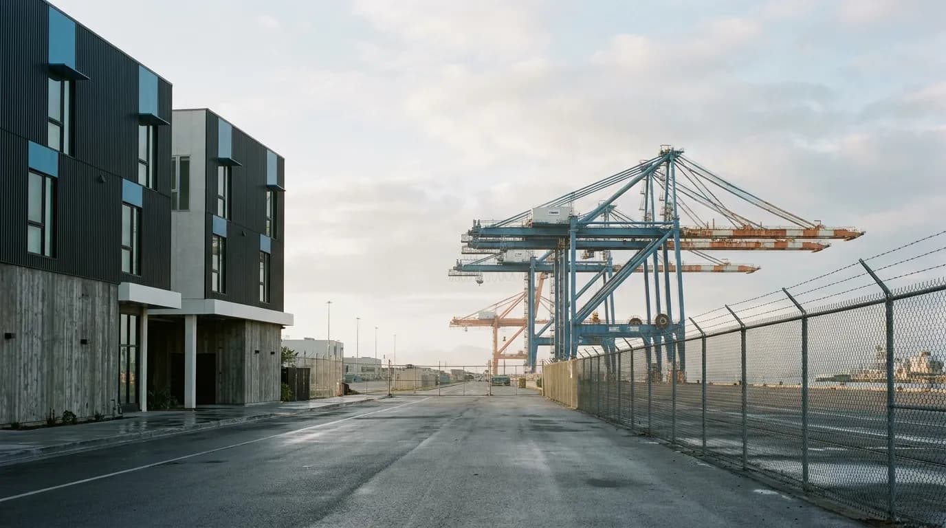Shipping cranes at the Port of Los Angeles seen from Wilmington neighborhood