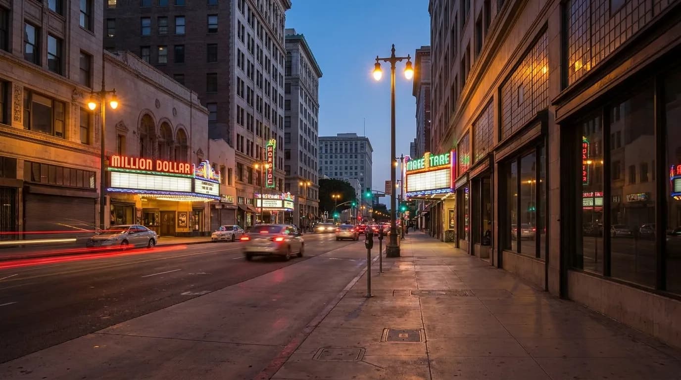 Broadway in Downtown Los Angeles at dusk with streetlights, theater signs, and light traffic under a deepening blue sky