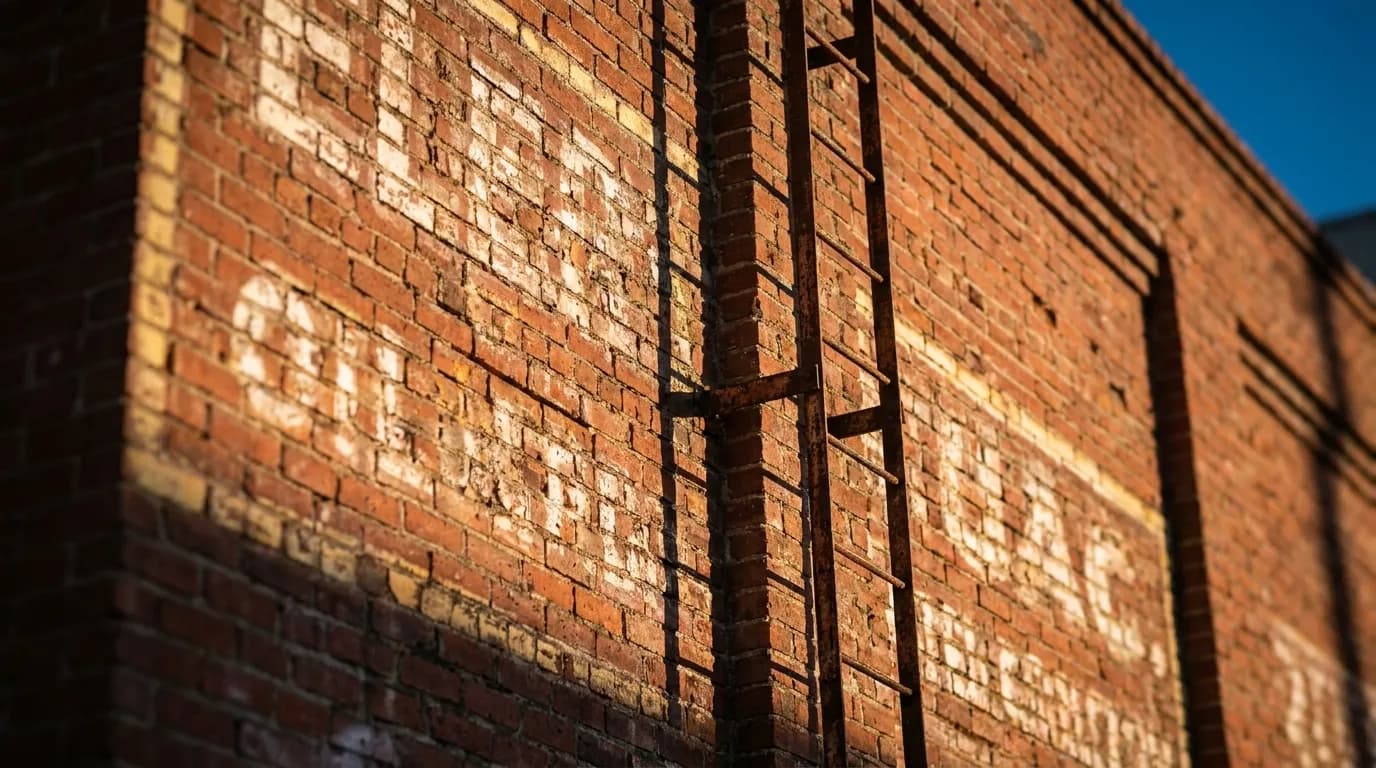 Weathered brick warehouse wall in the Los Angeles Arts District with fire escape shadow and faded painted signage