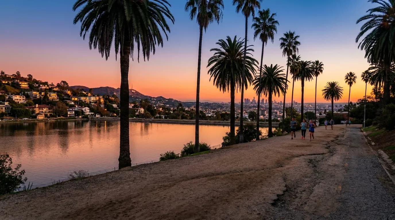 Silver Lake Reservoir walking path at sunset with palm tree silhouettes, glowing water, and hillside homes in the distance