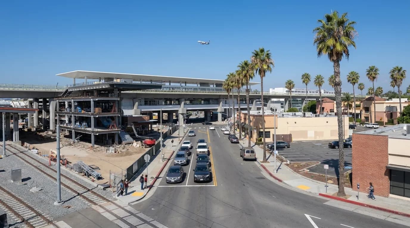 Morning traffic along Los Feliz Boulevard in Los Angeles with commercial buildings and palm trees