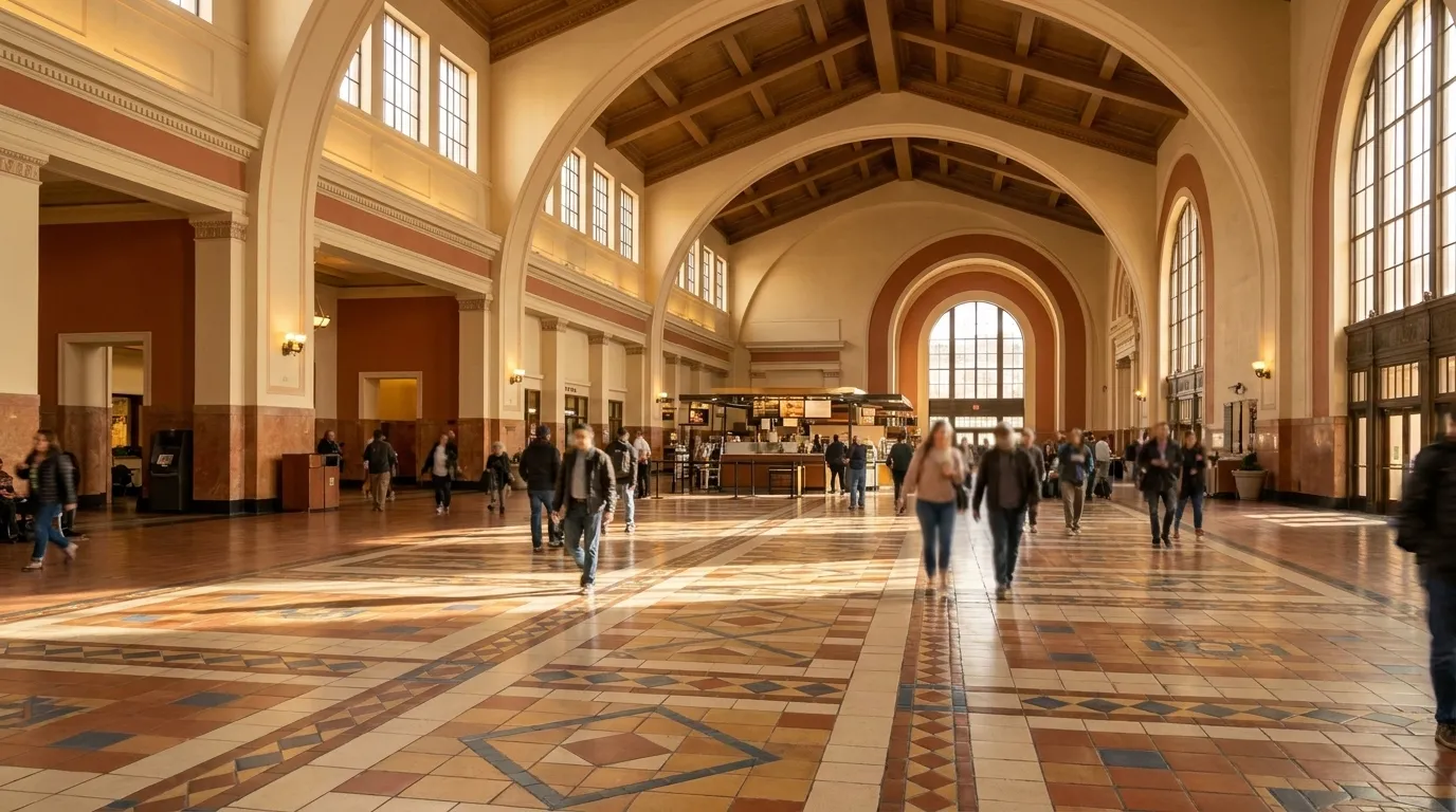Interior of Union Station Los Angeles showing tiled floors and arched ceilings near food court area
