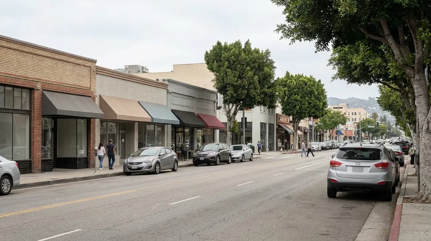 Glendale Boulevard in Atwater Village showing commercial storefronts and parked cars