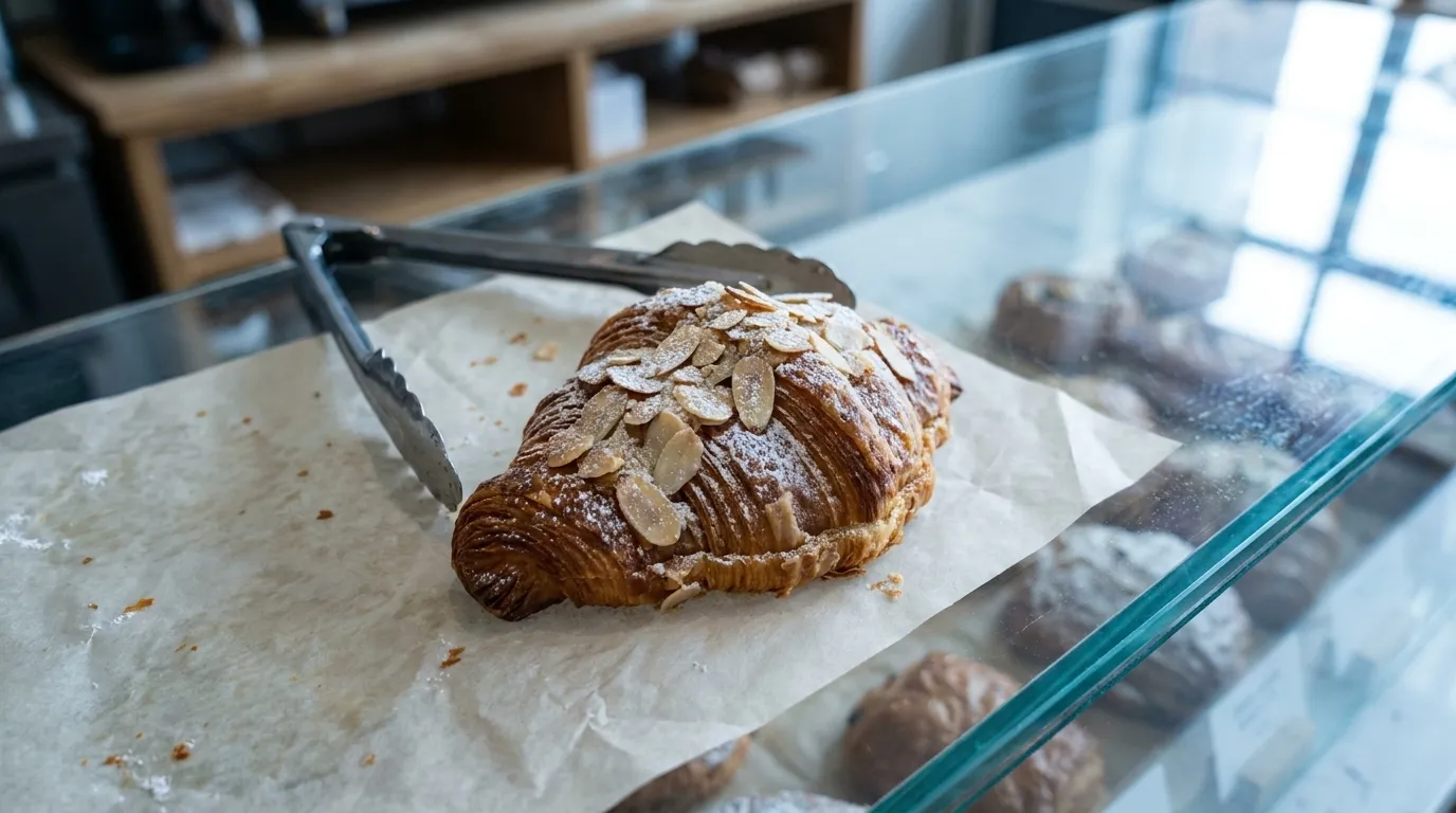 Close-up of a golden almond croissant on parchment paper inside a café pastry case with visible flaky layers