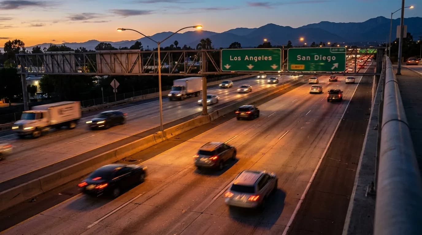 Evening traffic on Interstate 5 freeway in Los Angeles with overhead signs