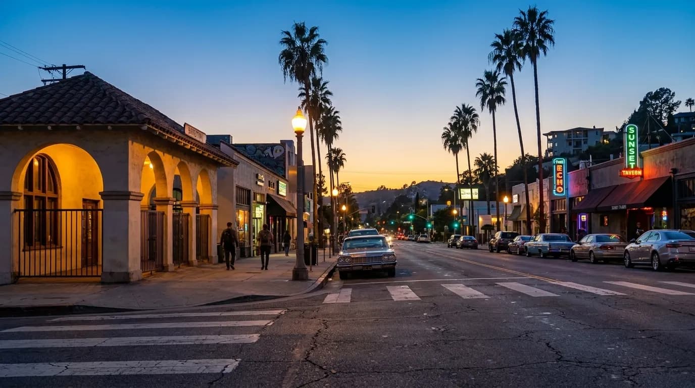 Sunset Boulevard in Echo Park at dusk with streetlights and bar signs glowing