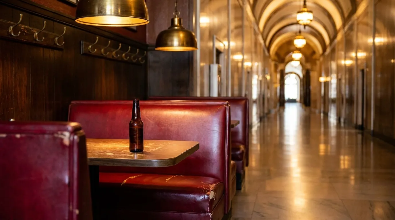 Red vinyl booth and table inside a Los Angeles neighborhood bar
