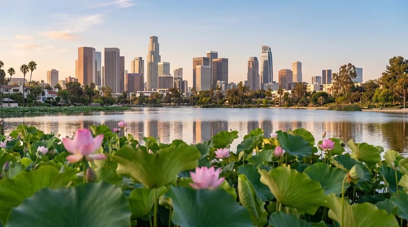 Morning light over Echo Park Lake with lotus beds and downtown Los Angeles skyline in the background