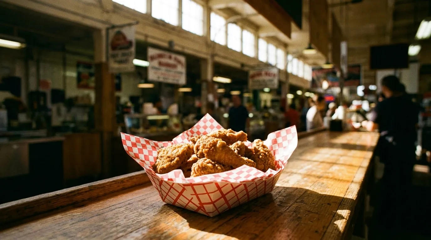 Fried chicken in a paper basket on a counter at Grand Central Market in downtown Los Angeles