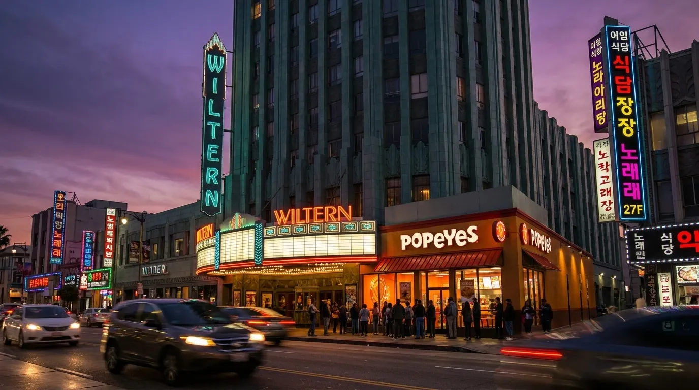 Popeyes restaurant storefront on Wilshire Boulevard in Koreatown at dusk