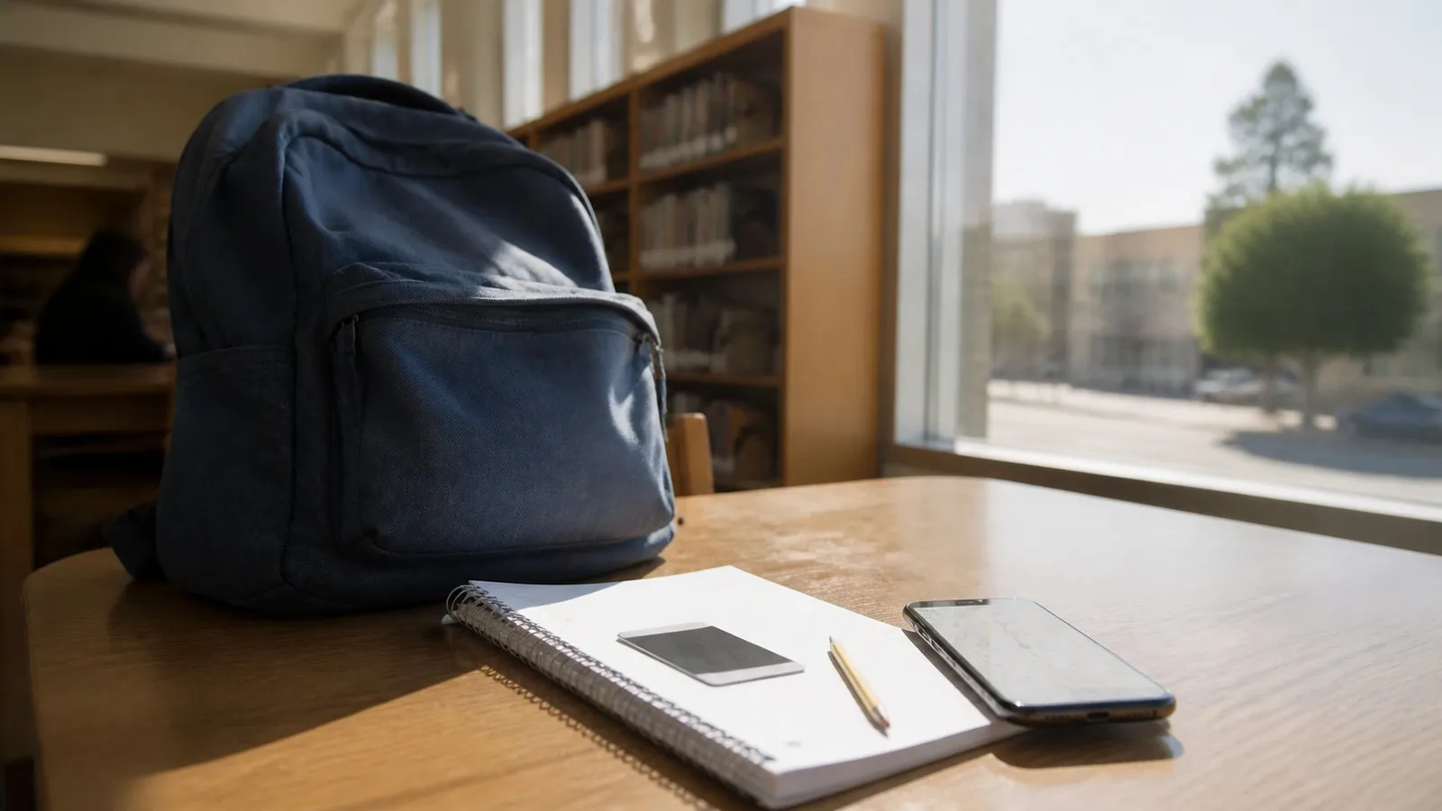 Notebook, backpack, phone, and Metro card on a library table inside a Koreatown branch library.
