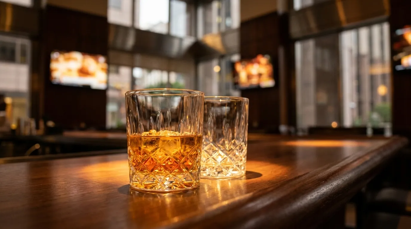 Whiskey glasses on a bar counter in Downtown Los Angeles sports bar with TV screens in background