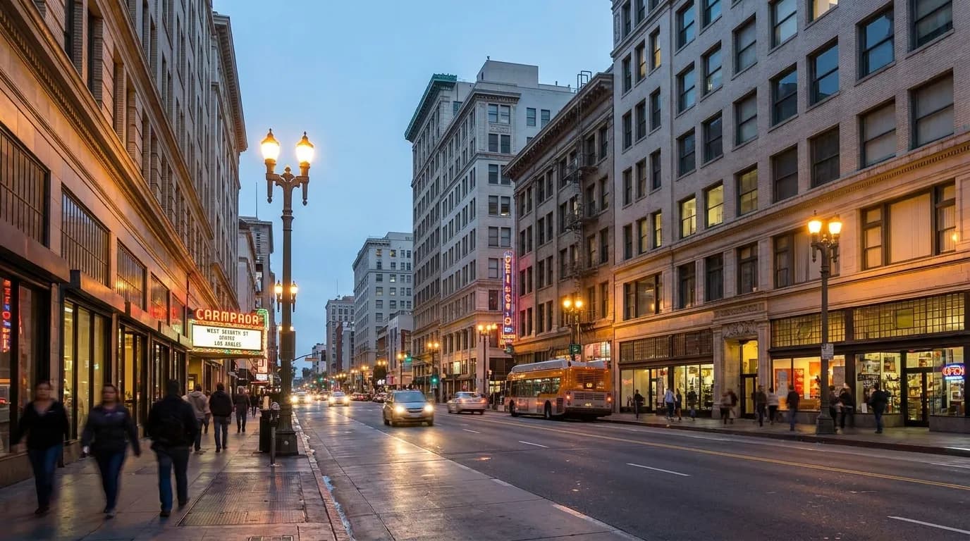 West Seventh Street in Downtown Los Angeles at dusk with pedestrians and lit storefronts