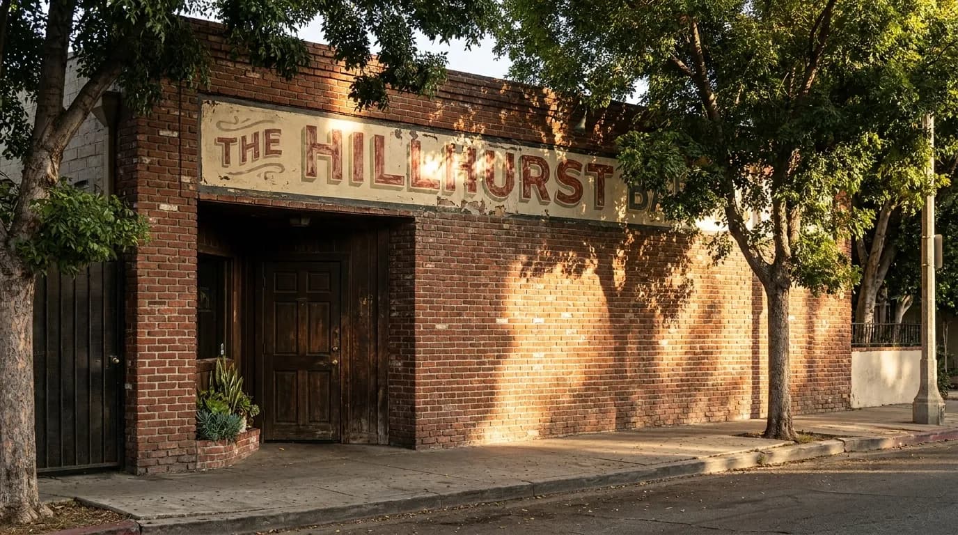 Bar entrance on Hillhurst Avenue in Los Feliz with brick facade and afternoon light