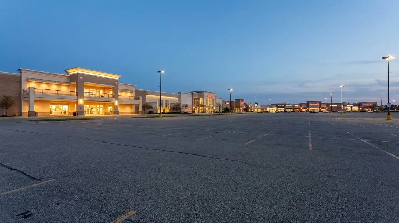 Puente Hills Mall exterior at dusk in City of Industry, showing parking lot and illuminated storefronts