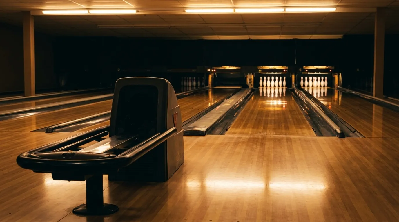 Bowling lane with illuminated pins and ball return mechanism in an arcade center