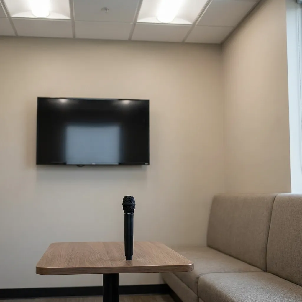 Empty karaoke room interior with microphone, screen, and booth seating