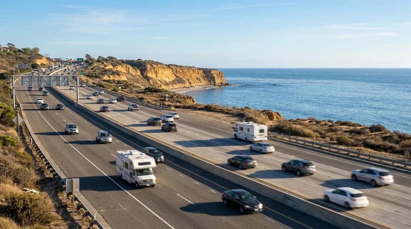 View of Interstate 5 South near San Clemente with Pacific Ocean visible alongside the freeway