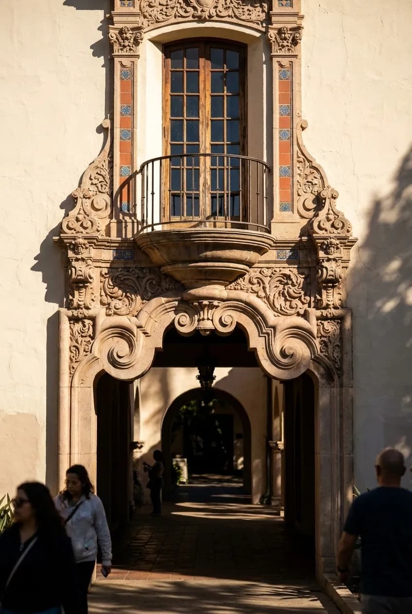 Decorative archway entrance at Balboa Park in San Diego showing Spanish Colonial Revival architecture