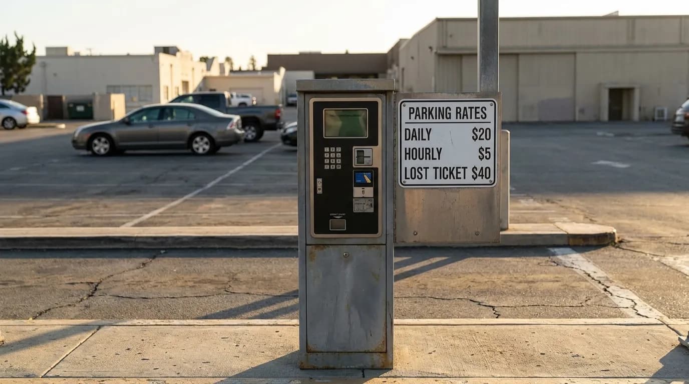 Parking payment kiosk at a public lot in Southern California
