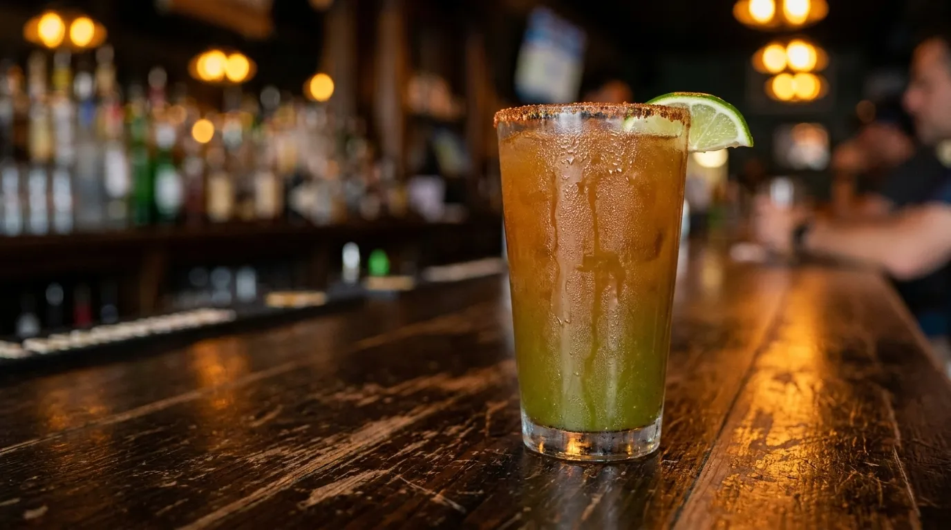 A cold michelada with lime on a bar top in warm evening light