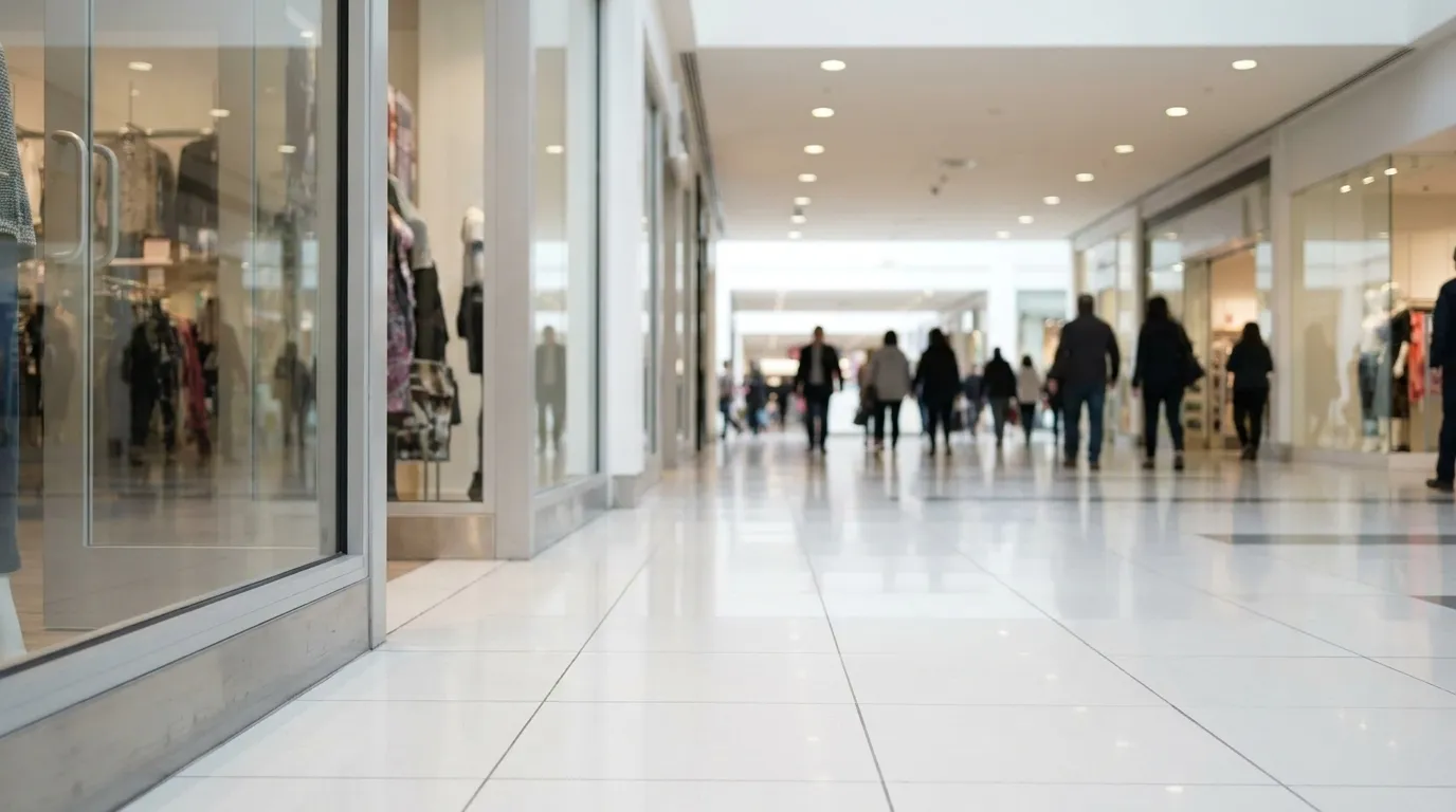 Bright mall corridor interior at Westfield Century City with polished floors and storefronts