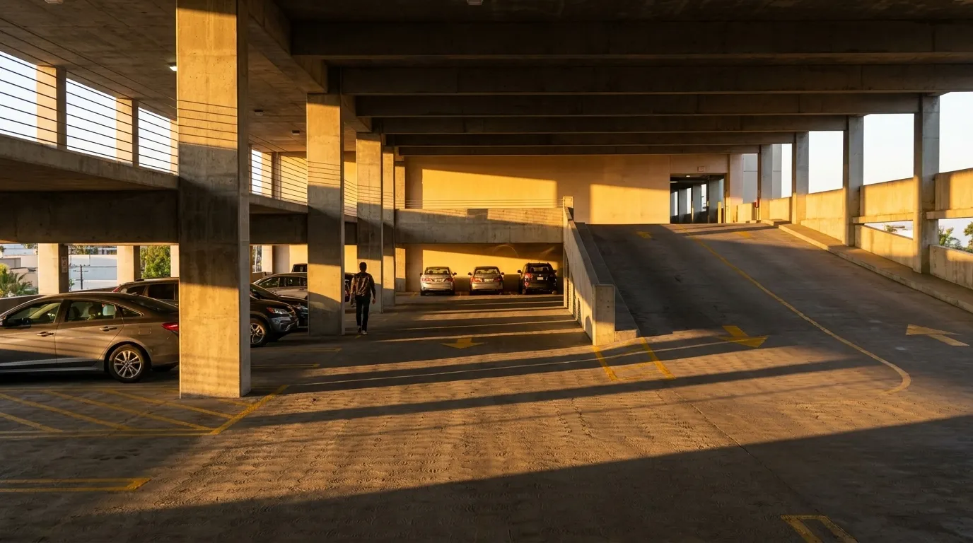 Multi-level parking structure interior in afternoon light with concrete columns and parked cars