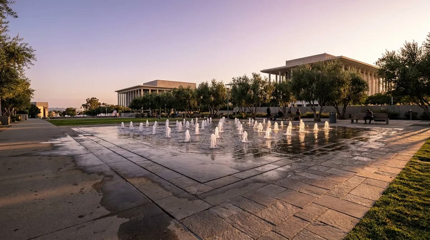 Grand Park fountain at dusk with figures on benches and golden light across the pavement