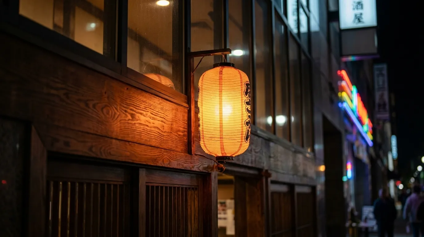 Japanese lantern glowing outside an izakaya in Little Tokyo at night