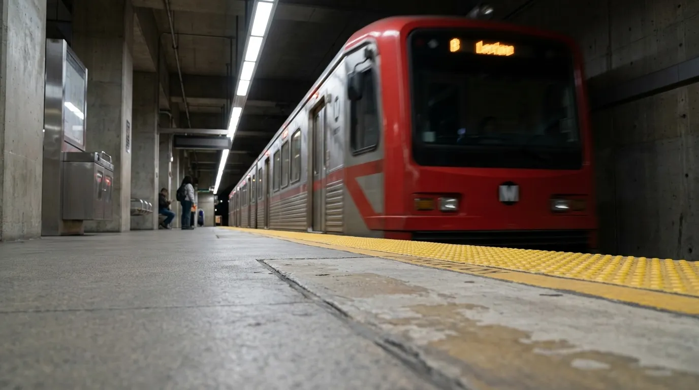 Metro B Line train arriving at a downtown Los Angeles platform in the evening