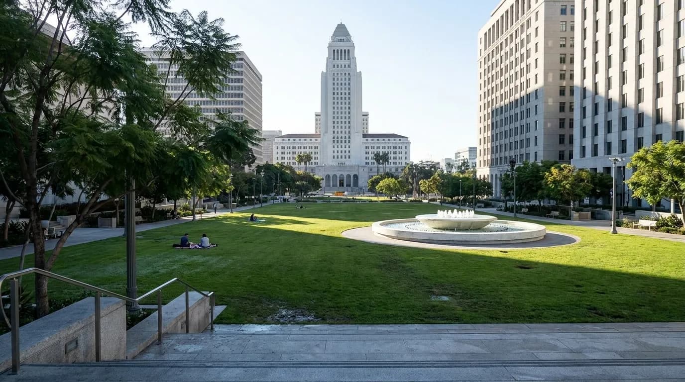 Grand Park's open lawn in Downtown Los Angeles with City Hall in the background and morning light across the grass