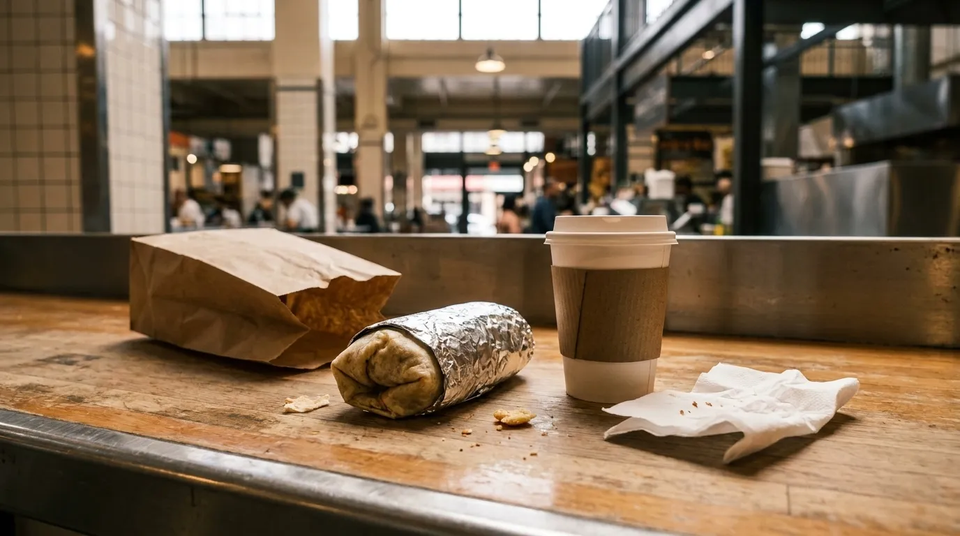 Breakfast burrito and coffee on a counter at Grand Central Market in Downtown Los Angeles