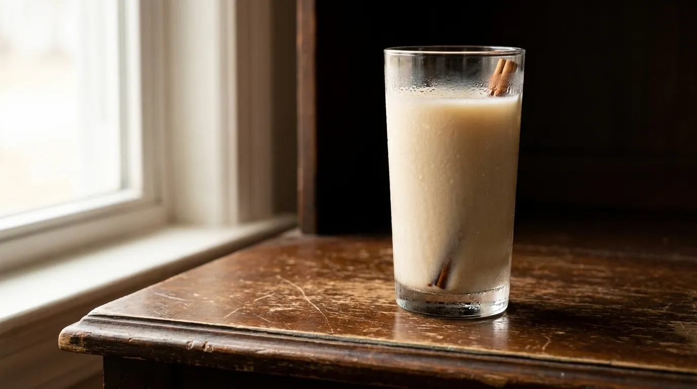 Glass of horchata with cinnamon on a cafe counter in natural light
