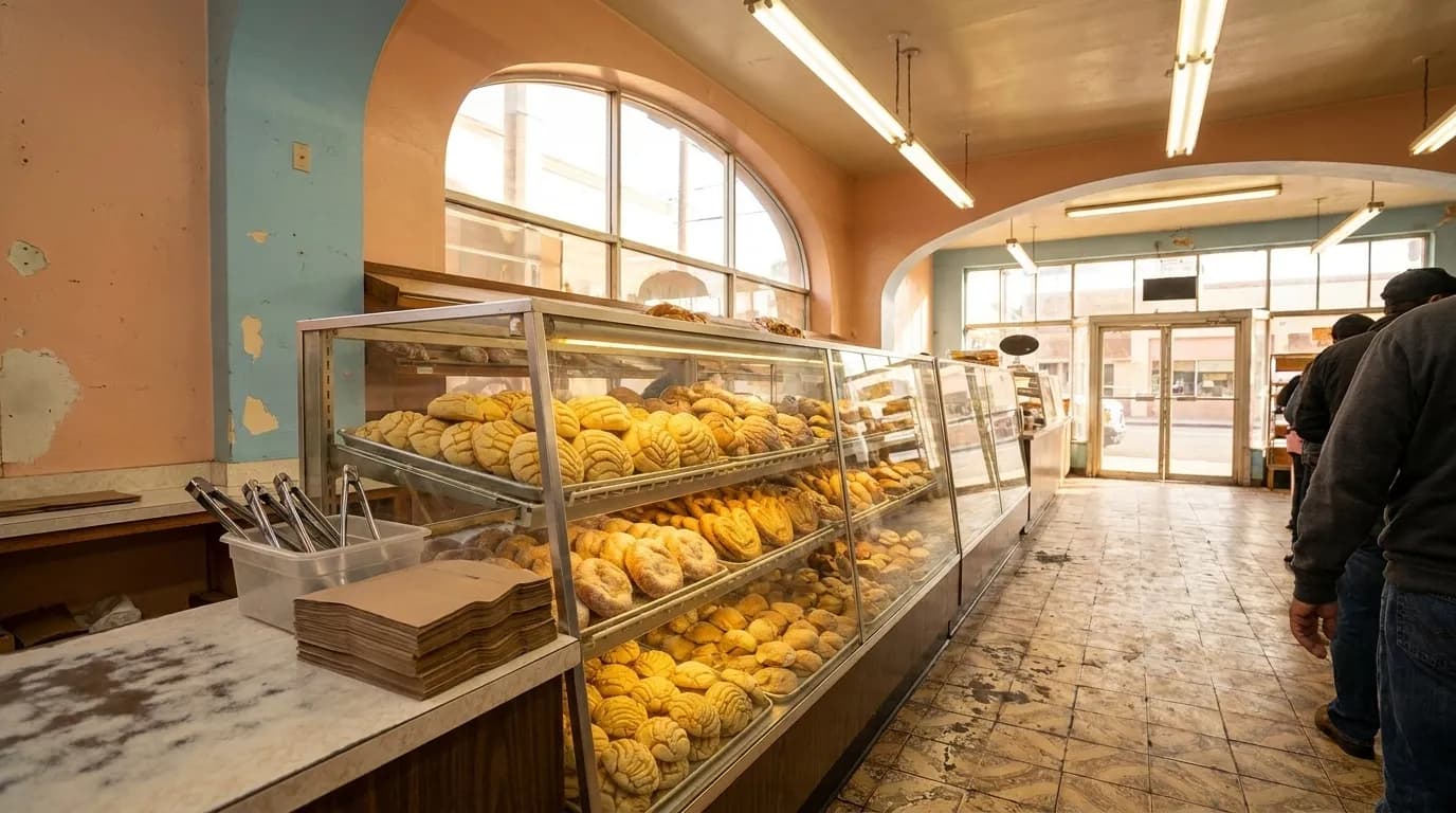 Display case of Mexican pastries inside a Los Angeles panadería bakery