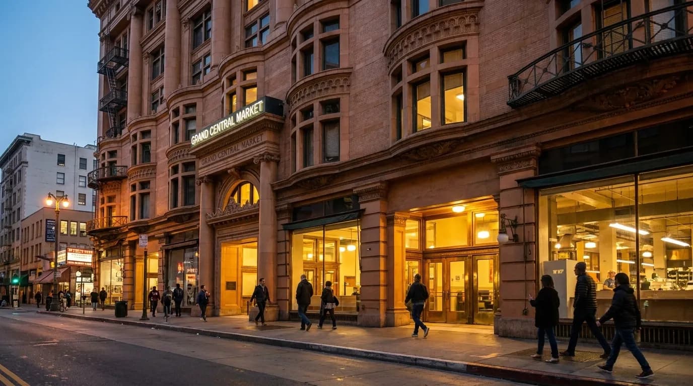 Grand Central Market's lit entrance on Broadway at dusk, with pedestrians and warm interior glow