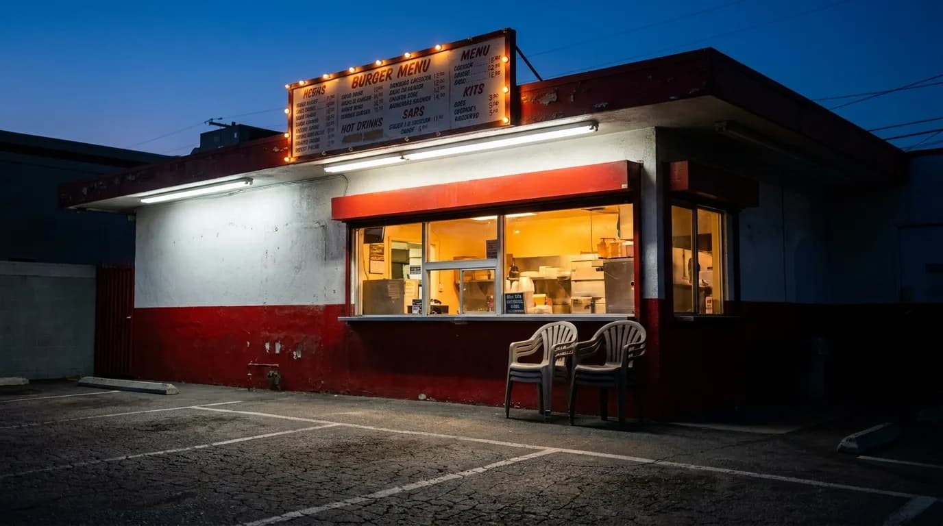 Exterior of a late-night burger stand in Los Angeles with fluorescent lighting and parking lot at dusk