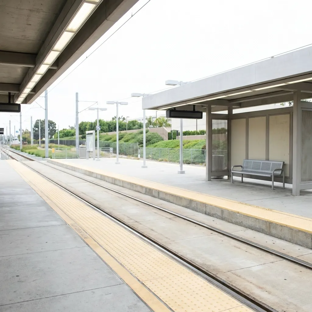 Culver City Expo Line station platform on a quiet weekend morning with empty bench and train tracks