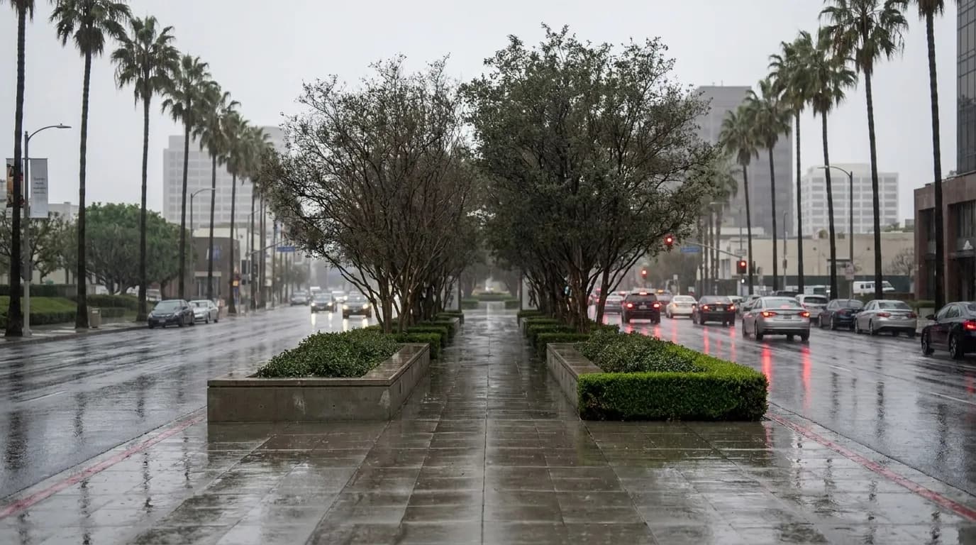 Wilshire Boulevard in Los Angeles during a rainstorm, wet pavement reflecting light