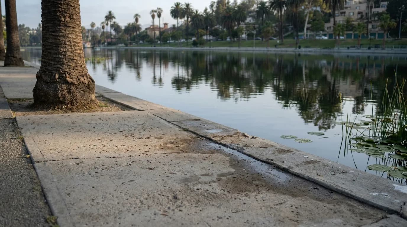 Edge of Echo Park Lake with palm trees and walking path in morning light