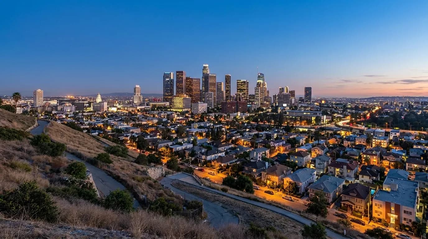 View from Elysian Park hillside overlooking Echo Park neighborhood and downtown Los Angeles at dusk