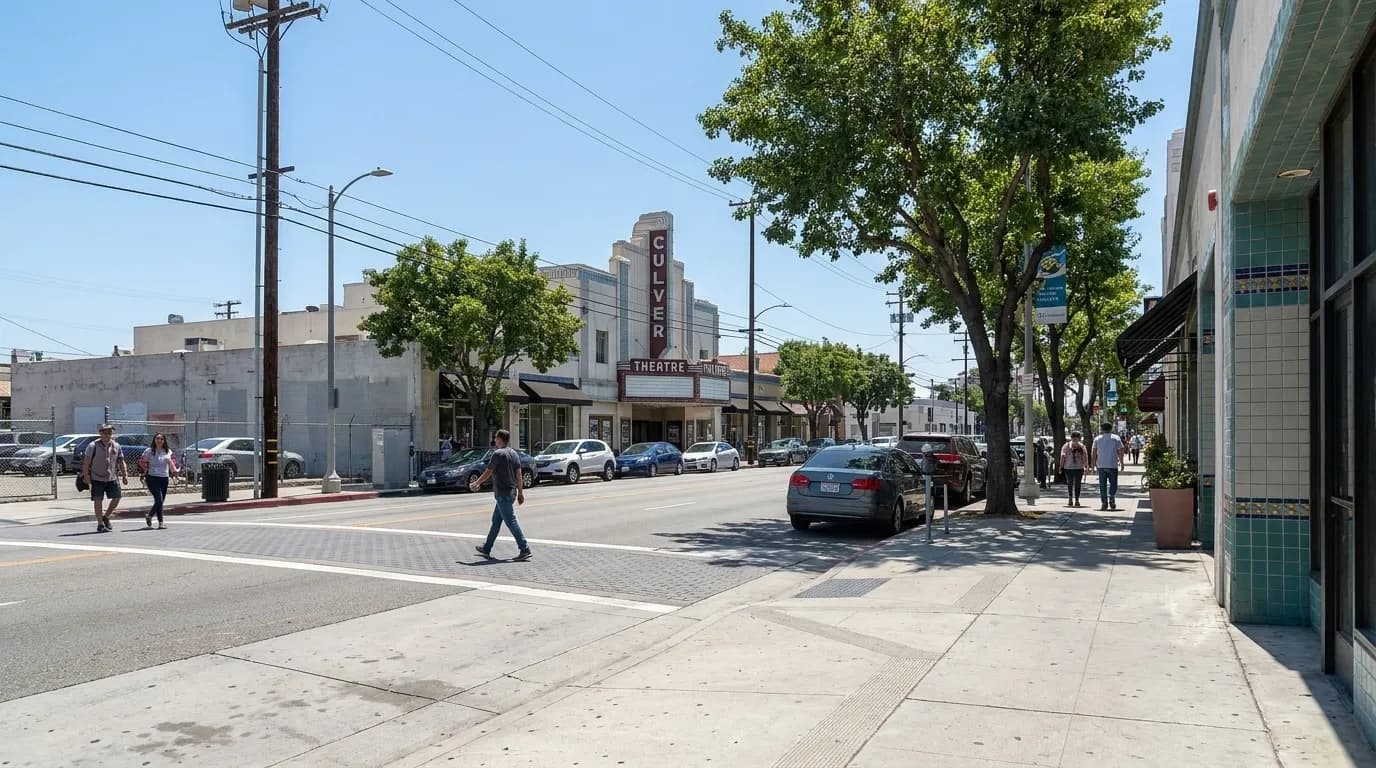 Washington Boulevard sidewalk in downtown Culver City with theater marquee and street trees