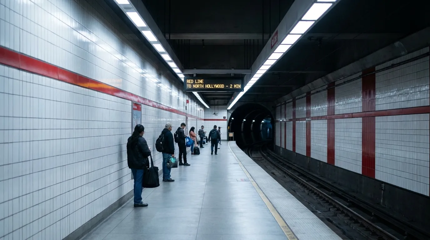 Red Line Metro platform in Los Angeles with tile walls and waiting passengers