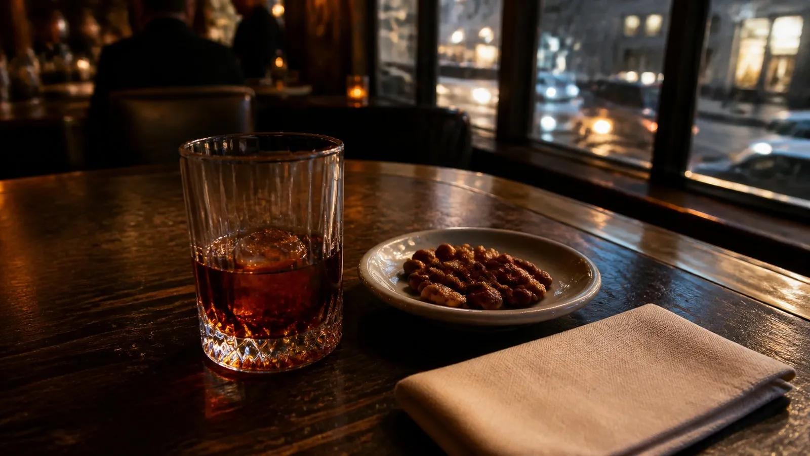A close still life of drinks and a small plate on a Downtown LA table at dusk.