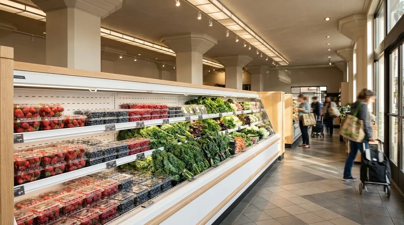Organic produce aisle inside Erewhon Market in Los Angeles, showing refrigerated berries and greens with price tags
