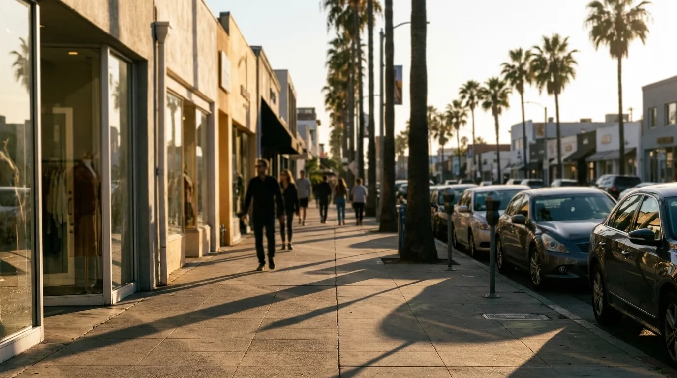 Abbot Kinney Boulevard in Venice, Los Angeles, near the Erewhon Market location, showing palm-lined street and storefronts