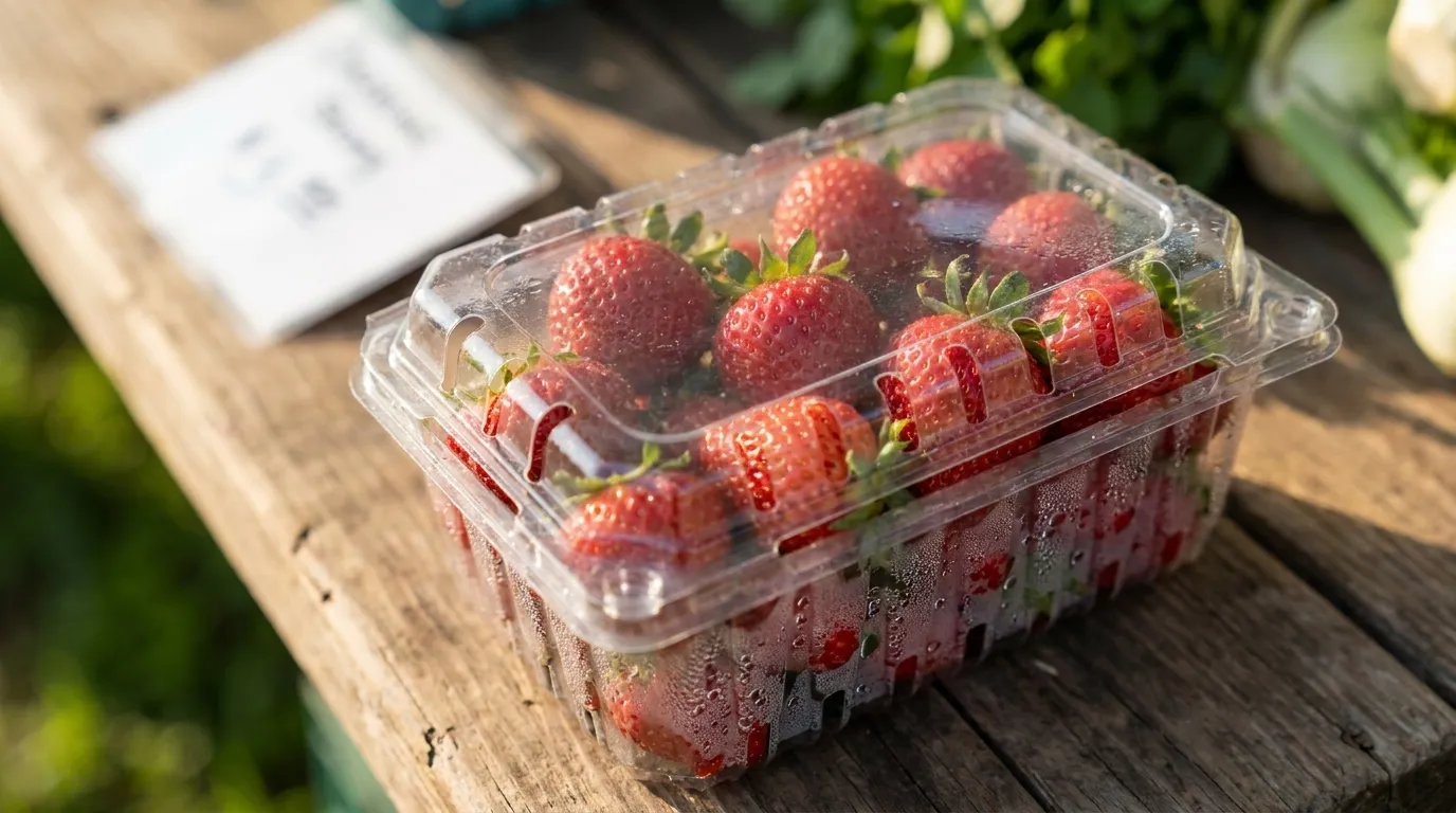Close-up of organic strawberries in a clamshell container at a Los Angeles market, showing texture and morning light