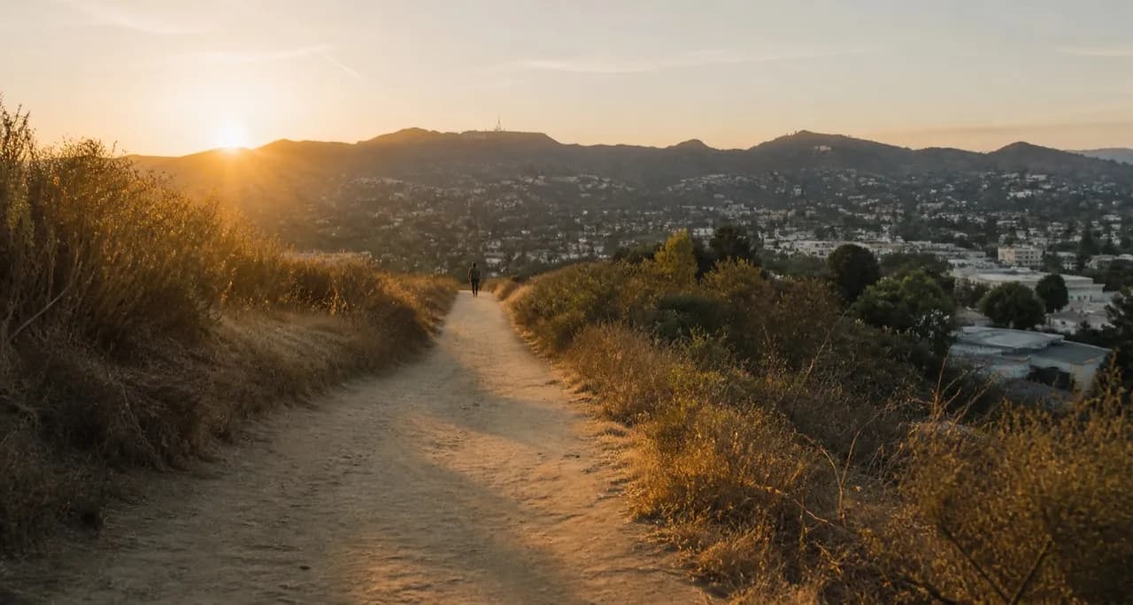 Steep dirt path climbing a Los Angeles ridge in late light