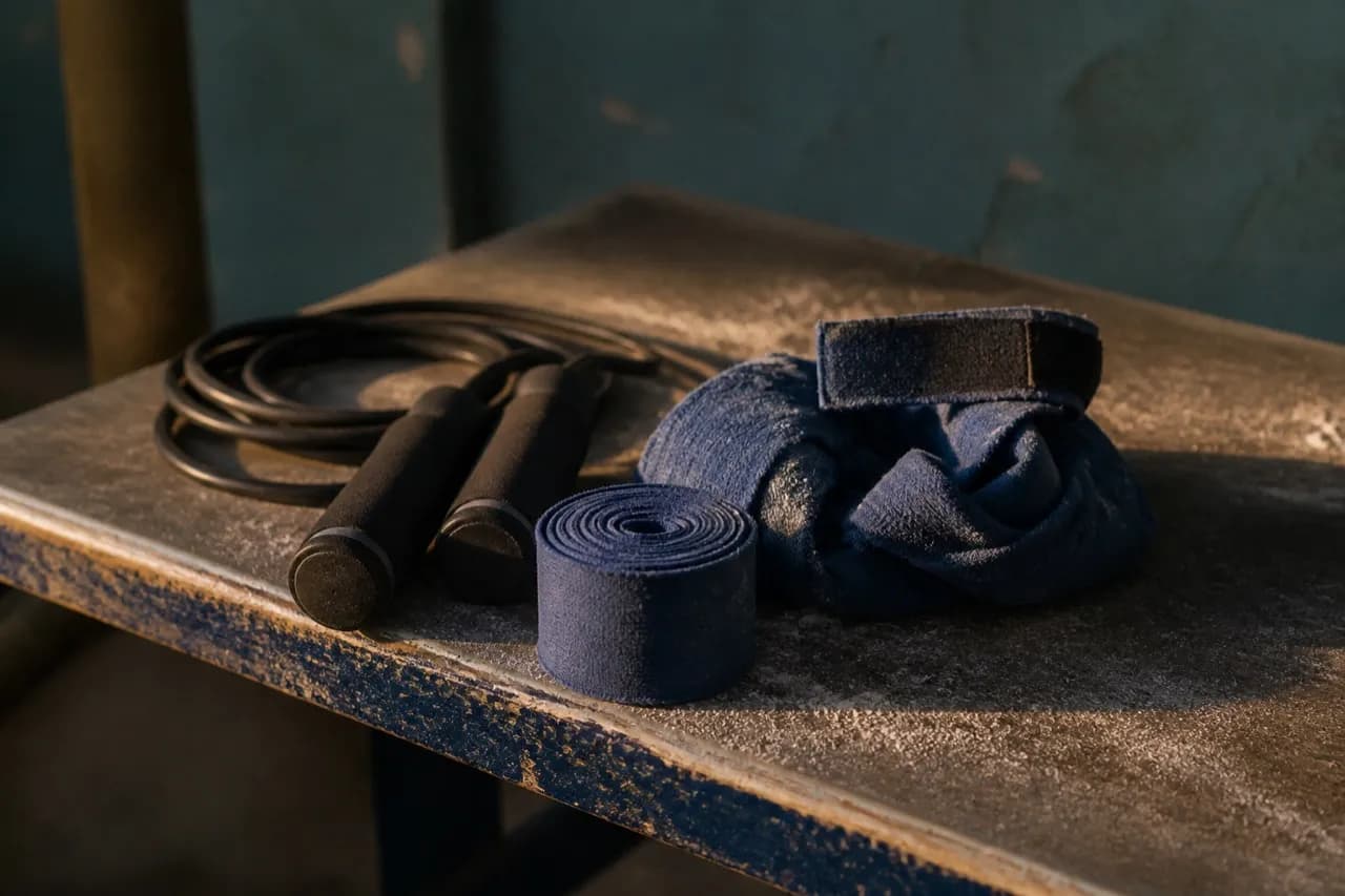 Hand wraps and a skipping rope on a gym bench