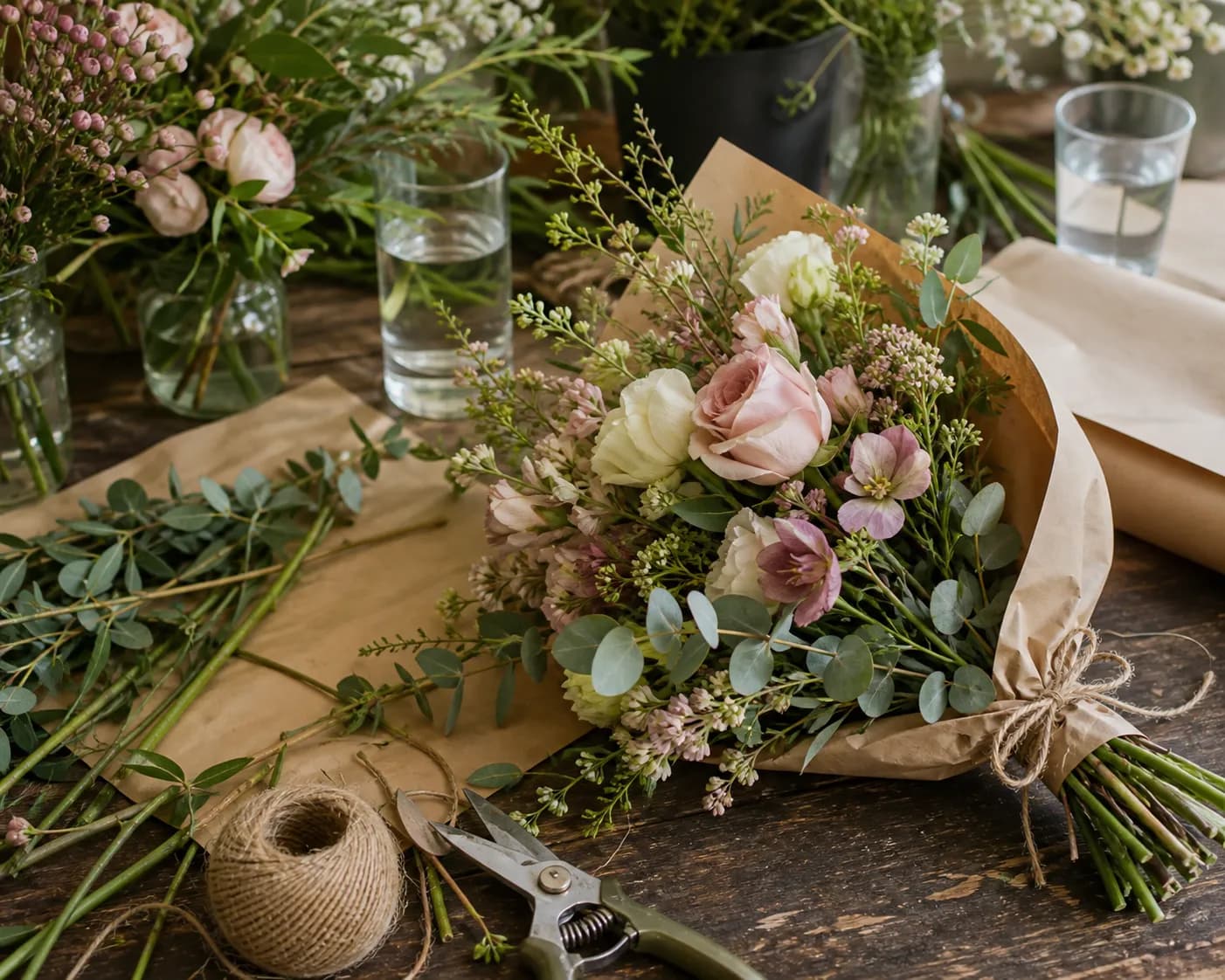 Seasonal flowers, ribbon, and clippers laid out for a bouquet class